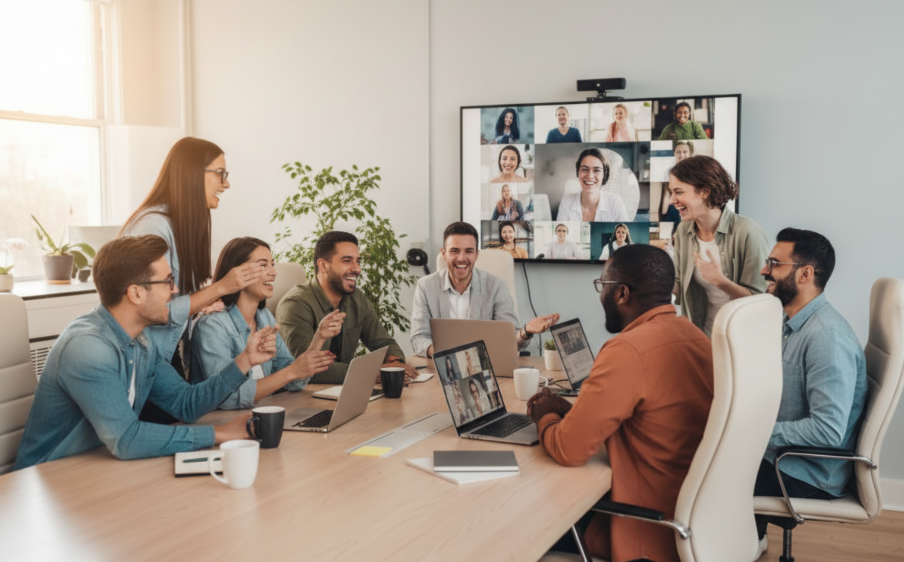 A hybrid team collaborates and laughs around a conference table as remote colleagues join on a video call in the background.